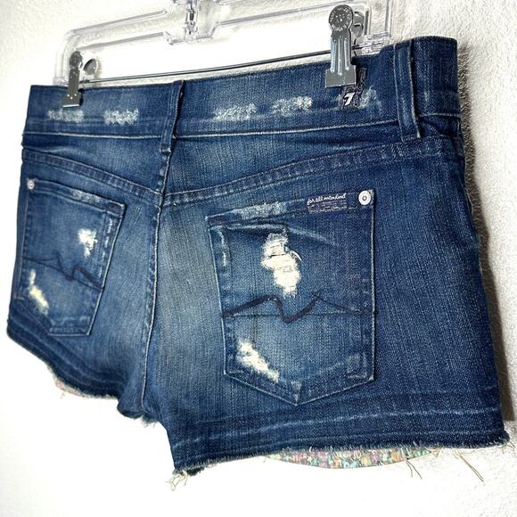 7 For All Mankind Dark Blue Distressed Low Rise Raw Hem Jean Shorts 29 - Picture 6 of 14